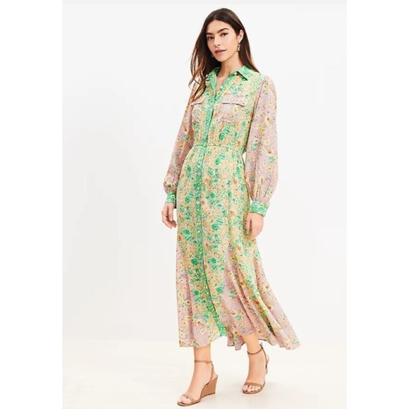 LOFT Dresses & Skirts - LOFT Mixed Floral Midi Shirt Dress Green Purple Viscose Long Sleeve XS SP24